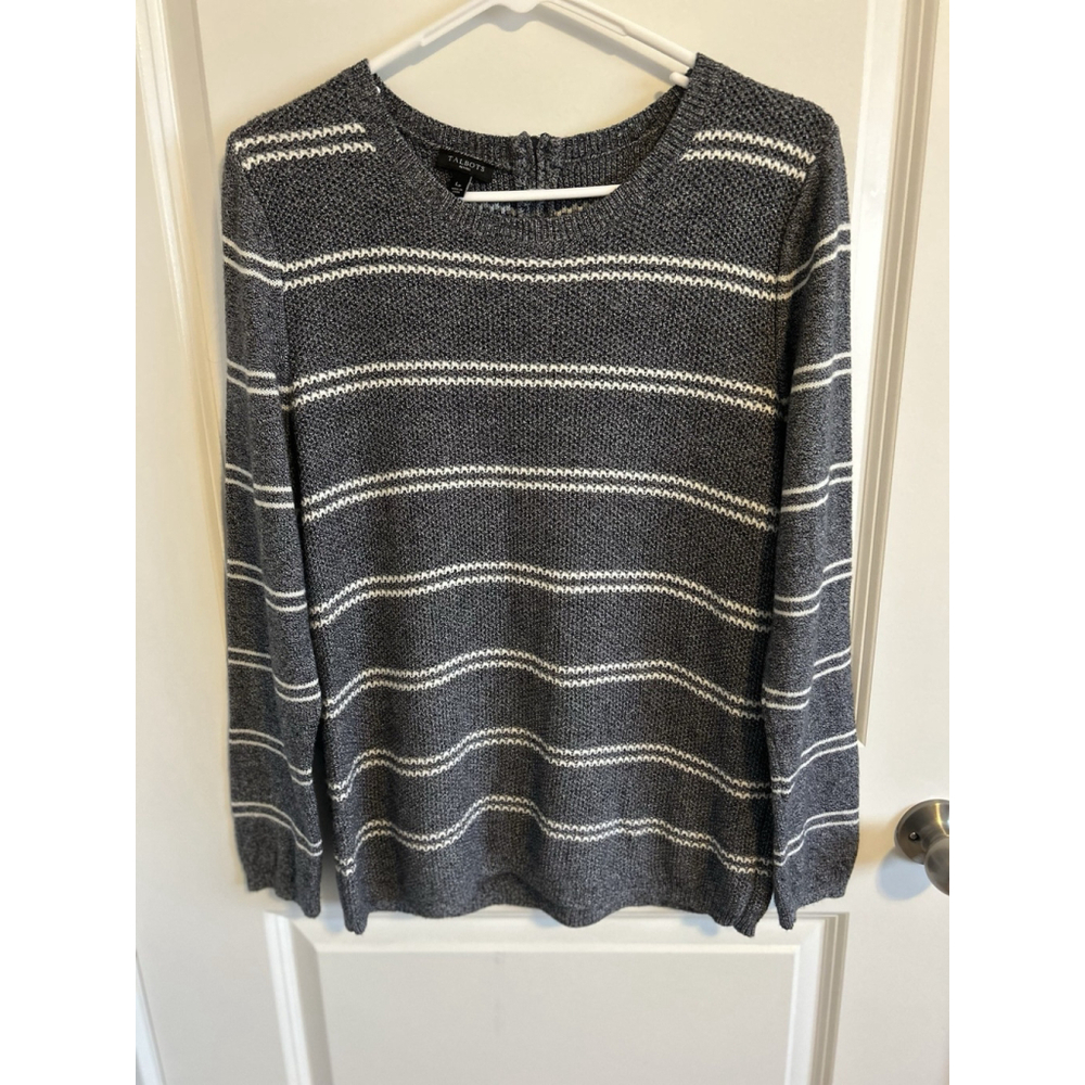 Talbots Womens Knit Sweater Size Large Teal White Striped Zipper Back